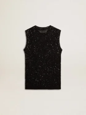 Black mesh knit top with sequins and contrasting details