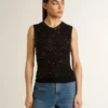 Black mesh knit top with sequins and contrasting details