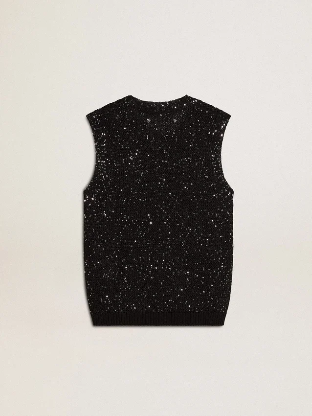 Black mesh knit top with sequins and contrasting details