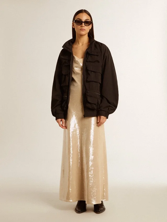 Black multi-pocket windcheater