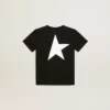 Black T-shirt with contrasting white logo on the front and maxi star on the back