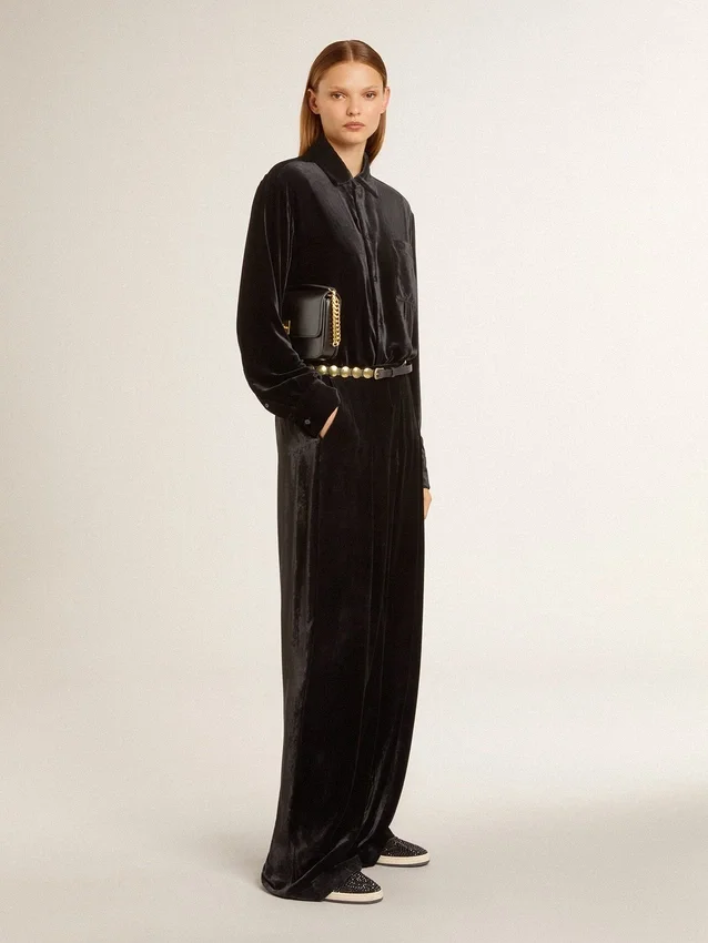 Black velvet-effect pants