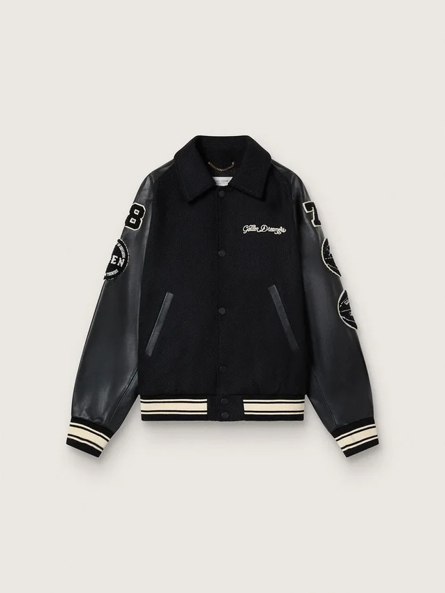 Black wool bomber jacket with patch