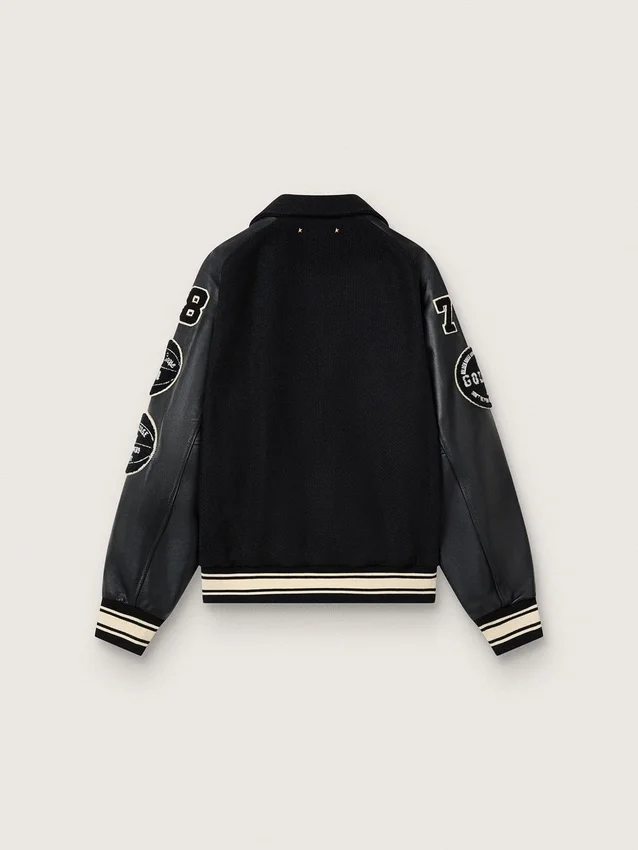 Black wool bomber jacket with patch
