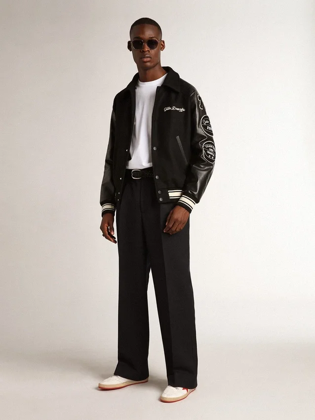 Black wool bomber jacket with patch