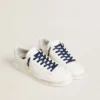 Blue cotton laces with contrasting gold-colored logo