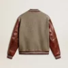 Bomber jacket in gray melange wool with leather sleeves