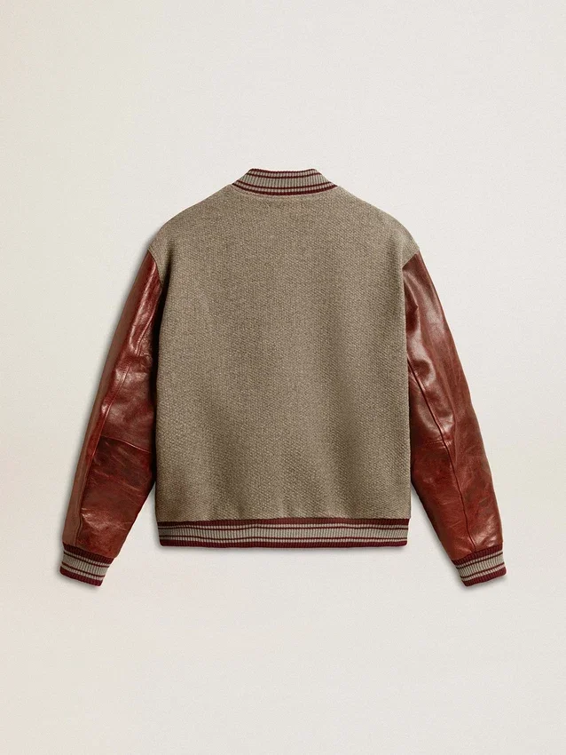 Bomber jacket in gray melange wool with leather sleeves