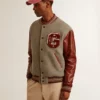 Bomber jacket in gray melange wool with leather sleeves