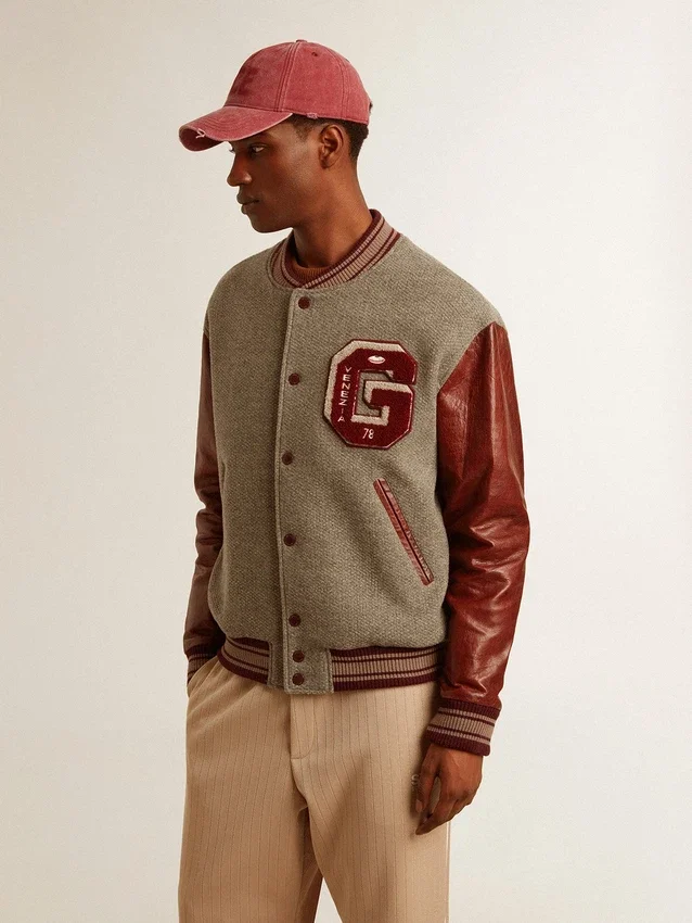 Bomber jacket in gray melange wool with leather sleeves