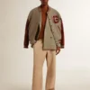 Bomber jacket in gray melange wool with leather sleeves