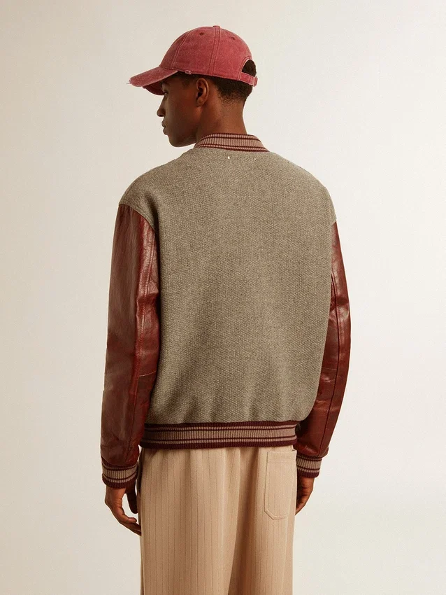 Bomber jacket in gray melange wool with leather sleeves