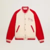 Bomber jacket in worn white and red with embroidery