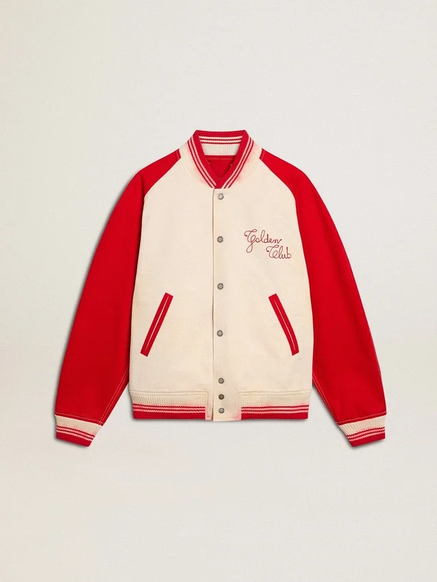 Bomber jacket in worn white and red with embroidery