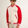 Bomber jacket in worn white and red with embroidery