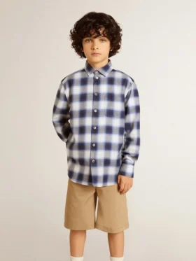 Boys’ blue and white checked shirt with print on the back