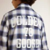 Boys' blue and white checked shirt with print on the back