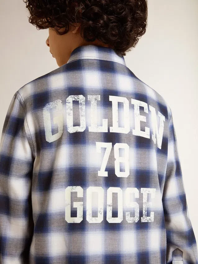 Boys' blue and white checked shirt with print on the back