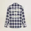 Boys' blue and white checked shirt with print on the back