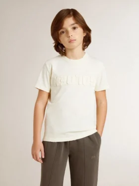 Boys’ cream-colored T-shirt with raised logo