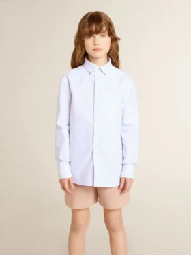 Boys’ shirt in light blue and white striped cotton with embroidered logo