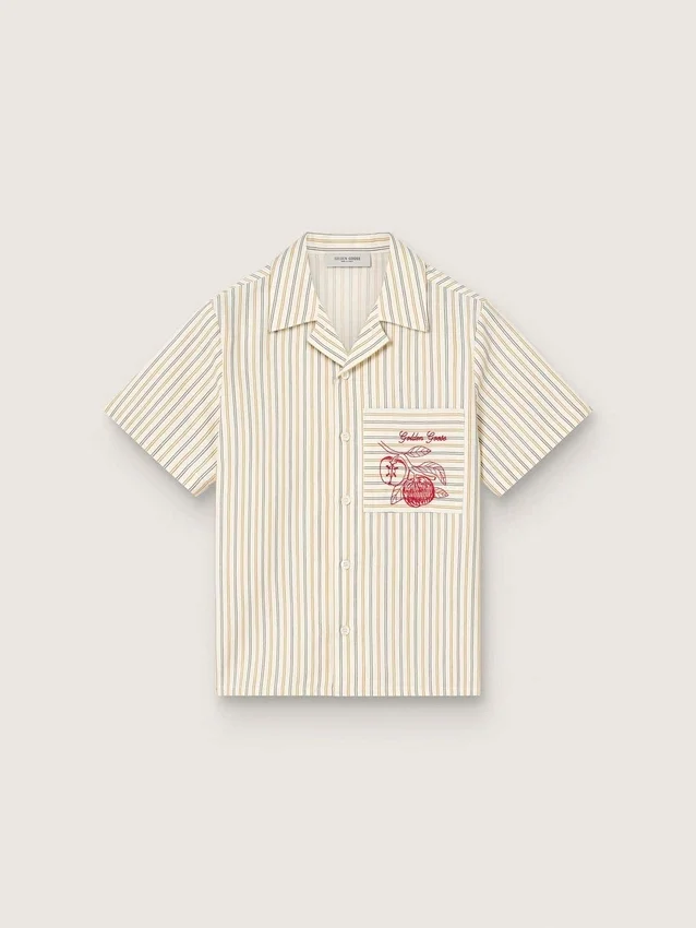 Boys’ striped ecru, beige and gray shirt with Frutteria Golden embroidery
