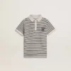 Boys' white cotton polo with navy blue stripes and embroidery