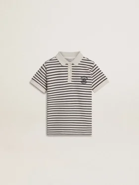 Boys' white cotton polo with navy blue stripes and embroidery