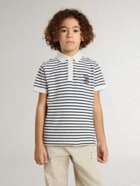Boys’ white cotton polo with navy blue stripes and embroidery