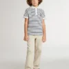 Boys' white cotton polo with navy blue stripes and embroidery