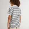Boys' white cotton polo with navy blue stripes and embroidery