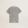 Boys' white cotton polo with navy blue stripes and embroidery