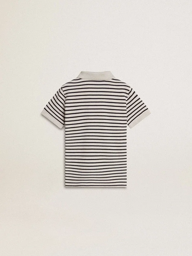 Boys' white cotton polo with navy blue stripes and embroidery