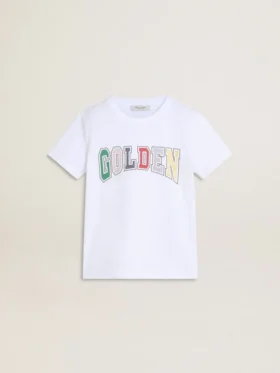 Boys' white T-shirt with multicolored Golden print