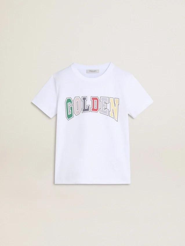 Boys' white T-shirt with multicolored Golden print