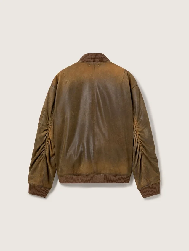 Brown leather biker jacket with a lived-in effect
