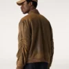Brown leather biker jacket with a lived-in effect
