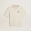 CNY worn-white sleeveless T-shirt with red embroidery
