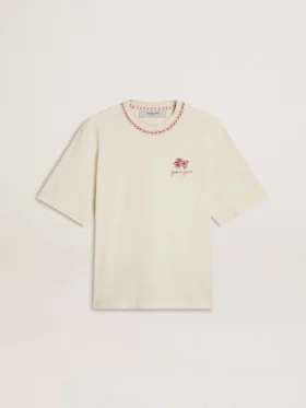 CNY worn-white sleeveless T-shirt with red embroidery