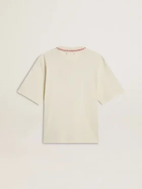 CNY worn-white sleeveless T-shirt with red embroidery