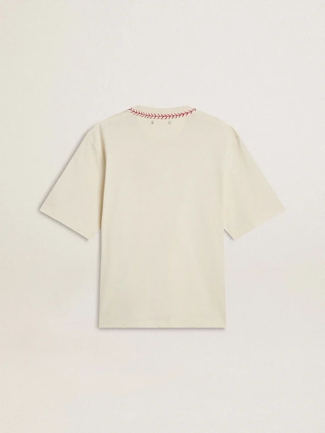CNY worn-white sleeveless T-shirt with red embroidery