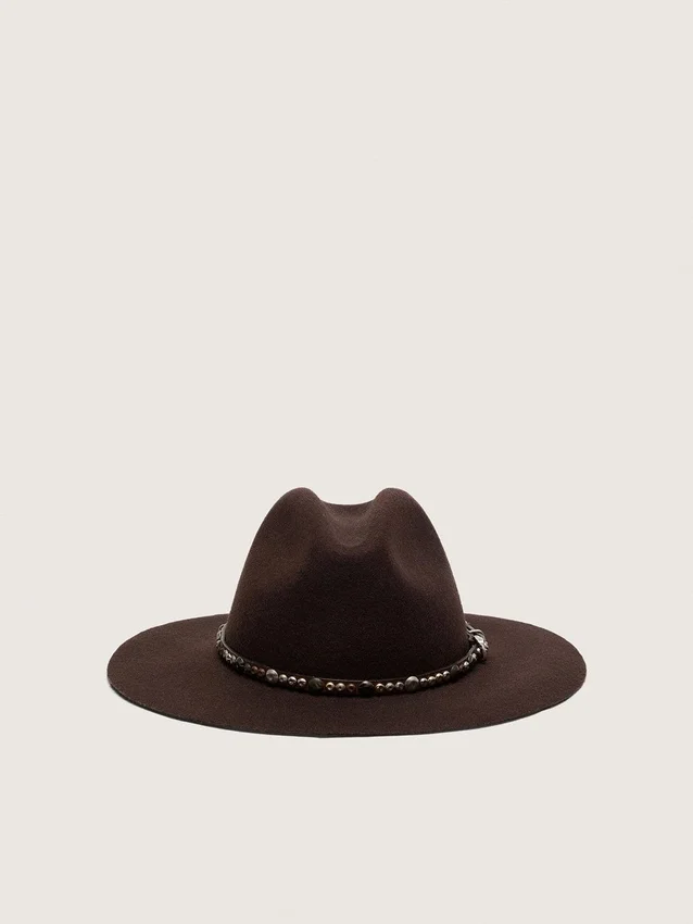 Coffee-brown hat with studded leather strap