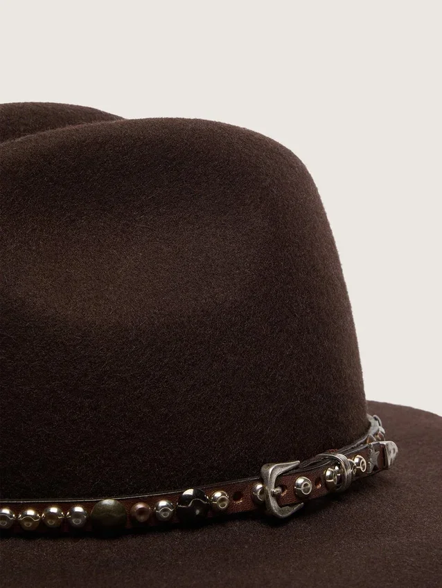 Coffee-brown hat with studded leather strap