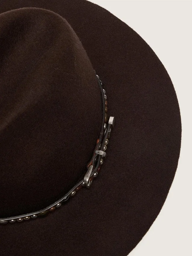 Coffee-brown hat with studded leather strap