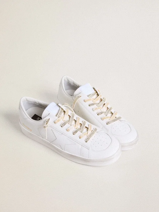 Cotton laces with silver Swarovski crystals and gold-colored logo