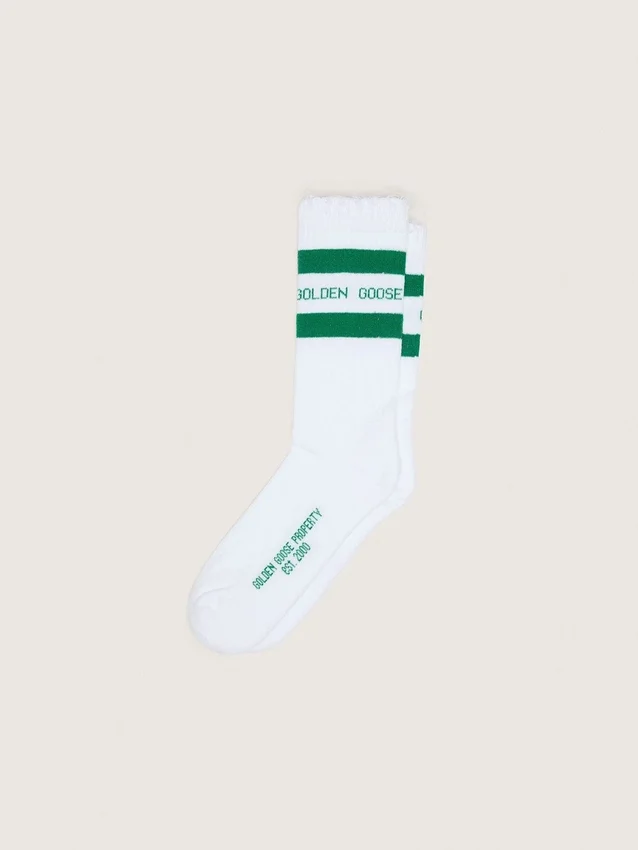 Cotton socks with distressed finishes, green stripes and logo