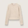 Cropped round-neck sweater in beige wool with all-over crystals