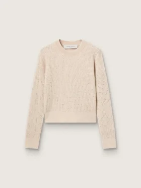 Cropped round-neck sweater in beige wool with all-over crystals