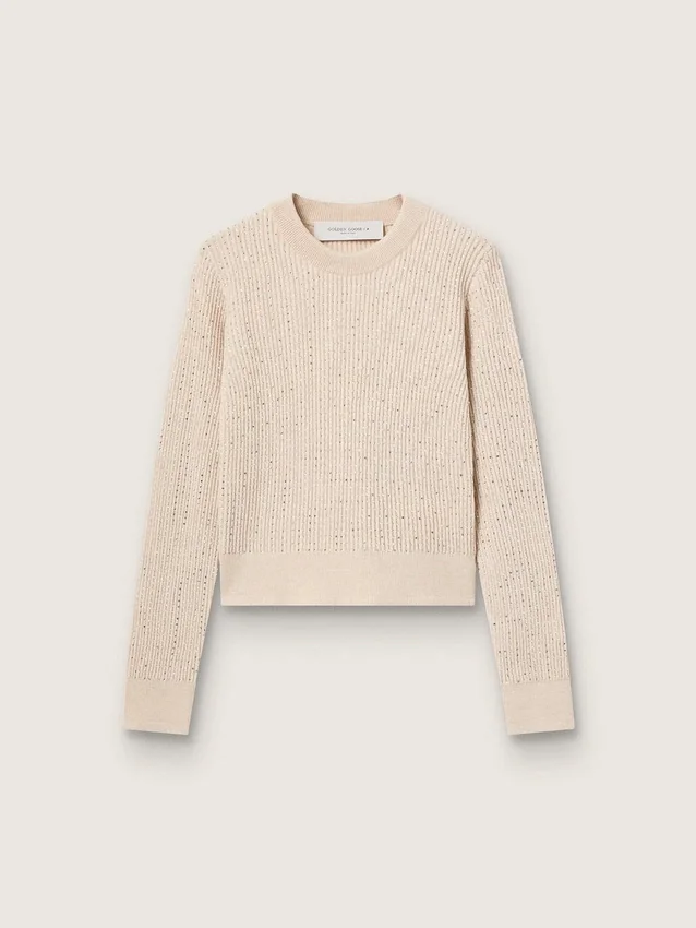 Cropped round-neck sweater in beige wool with all-over crystals