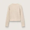 Cropped round-neck sweater in beige wool with all-over crystals
